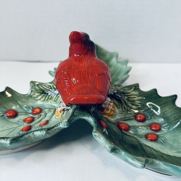 Christmas Traditions Cardinal Holly Ceramic Dish Holiday Red/Green 10" VTG - Picture 7 of 16